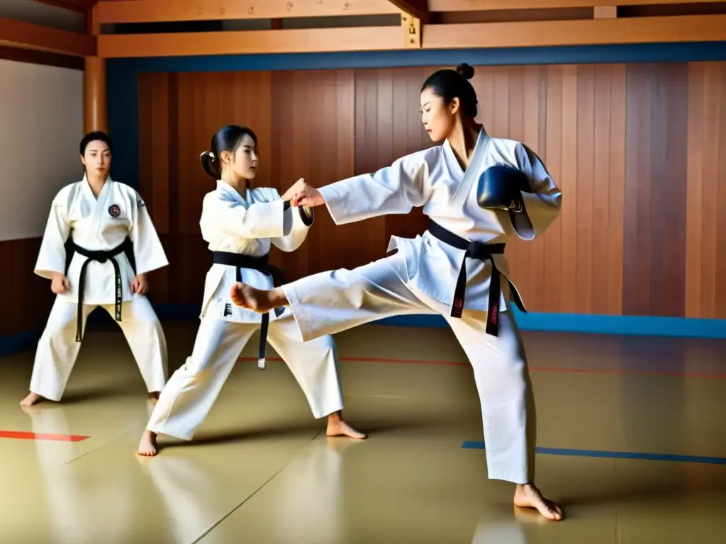 Grupo de practicantes de Taekwondo ejecutando poderosos movimientos en un dojang tradicional, iluminados dramáticamente