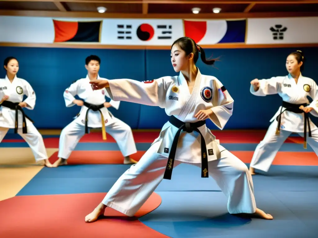 Un grupo de practicantes de taekwondo realiza un poomsae en un dojang bellamente decorado, mostrando el impacto cultural del Taekwondo