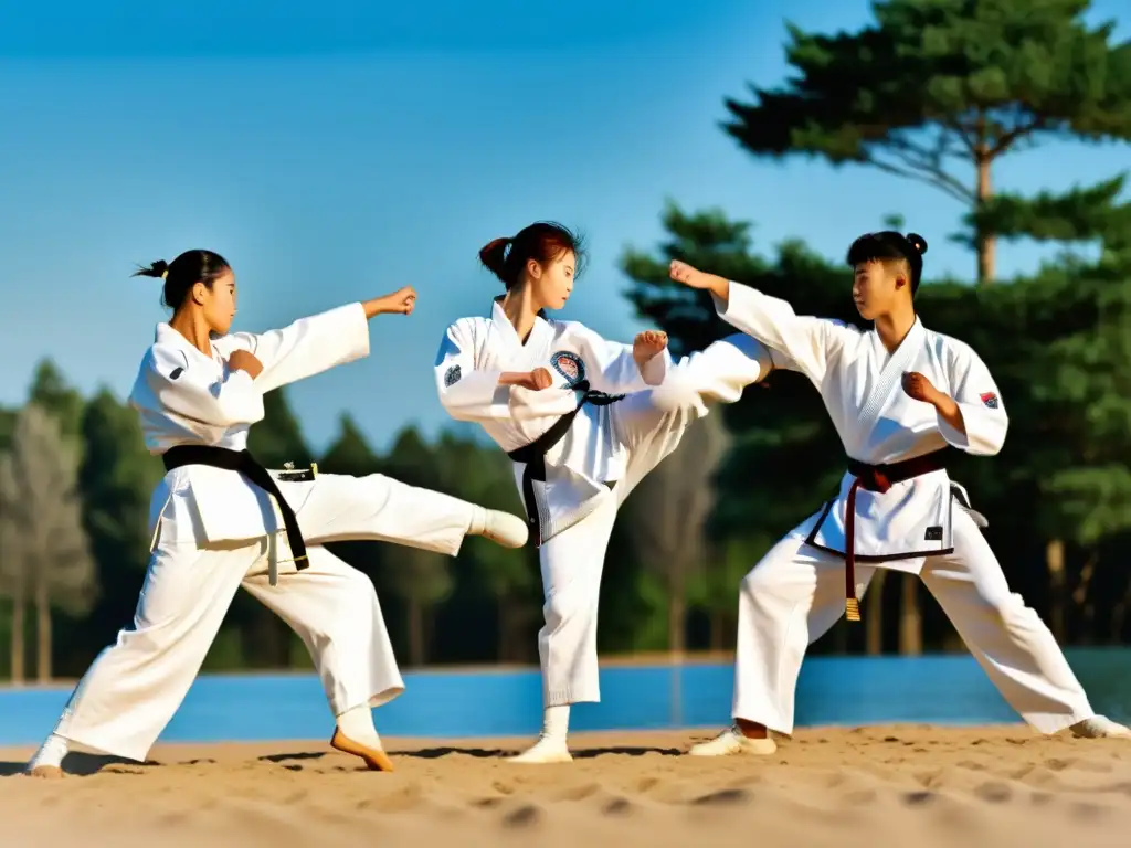 Un grupo de practicantes de taekwondo realiza potentes y precisas patadas en un escenario natural soleado