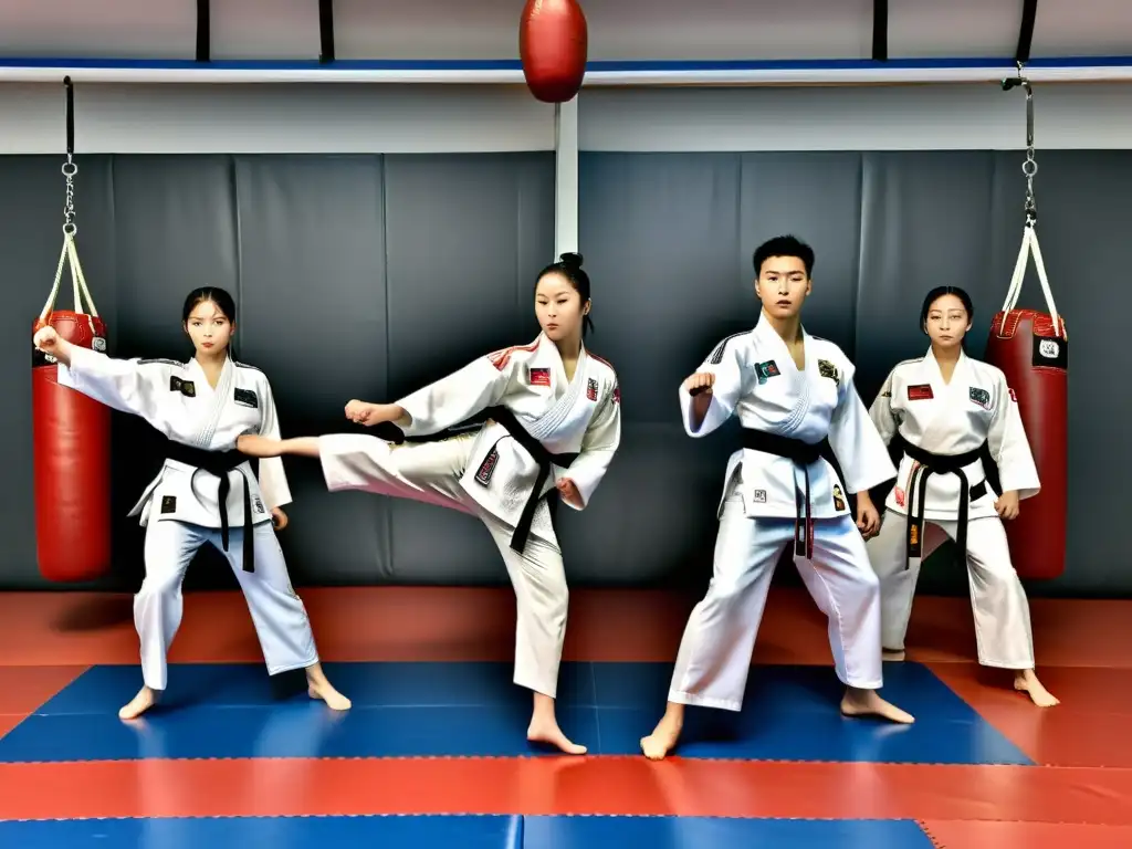 Grupo de practicantes de taekwondo ejecutando potentes patadas altas en unión, destacando la diversidad de doboks de Taekwondo calidad precio