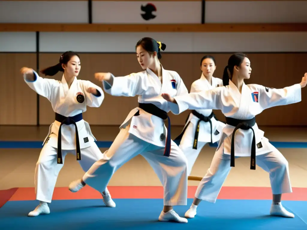 Un grupo de practicantes de Taekwondo ejecutando rutina de Poomsae sincronizada en un dojang iluminado por el sol