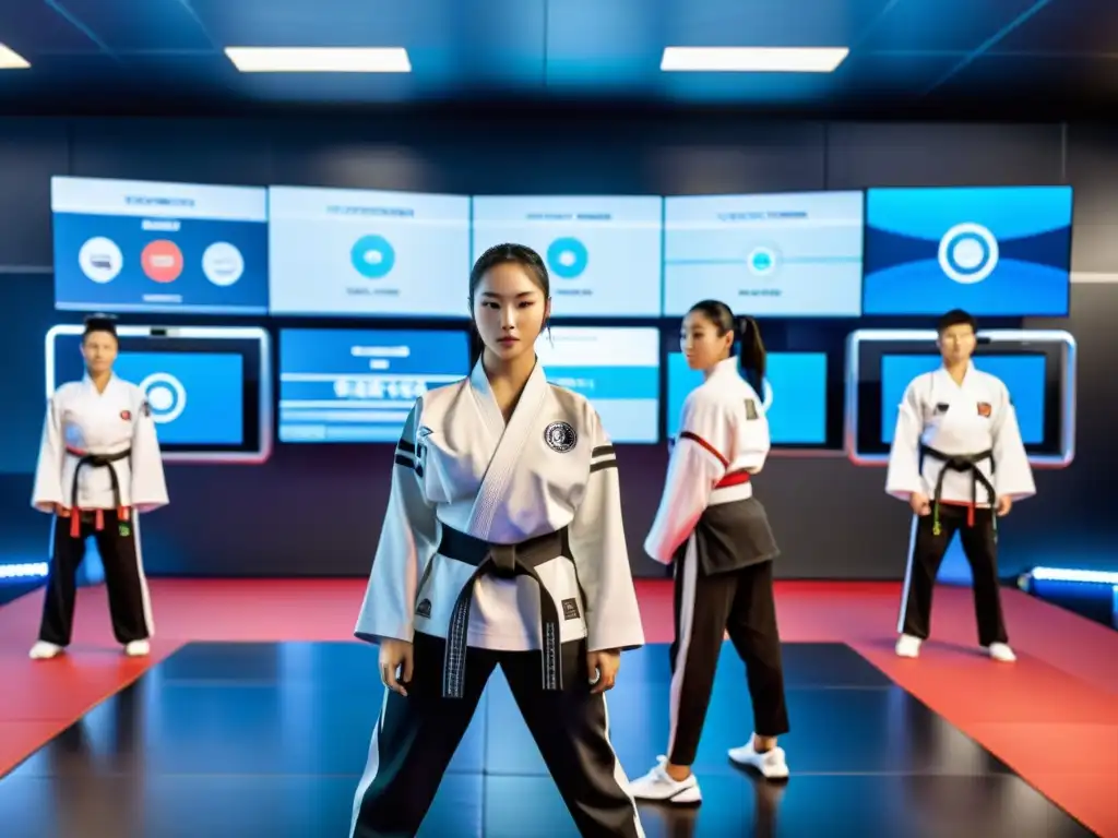 Grupo de practicantes de taekwondo con tecnología en un gimnasio futurista con equipo de alta tecnología y monitores mostrando datos de rendimiento en tiempo real