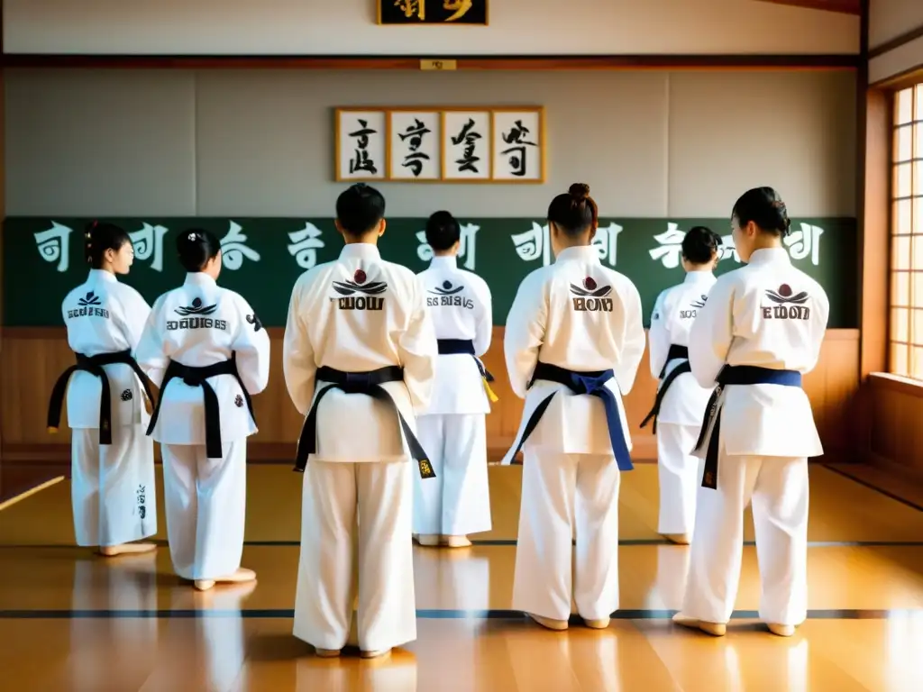 Grupo de practicantes de taekwondo en dojang tradicional en Corea, listos para el entrenamiento auténtico de Taekwondo