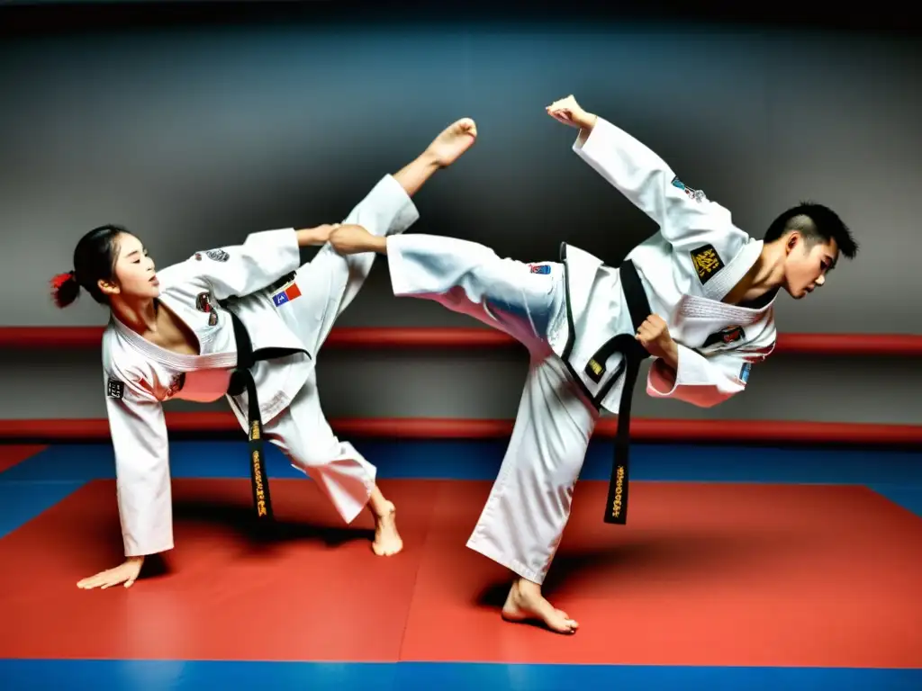 Grupo de practicantes de Taekwondo en uniformes blancos tradicionales, ejecutando formas precisas y poderosas en un dojo bien iluminado