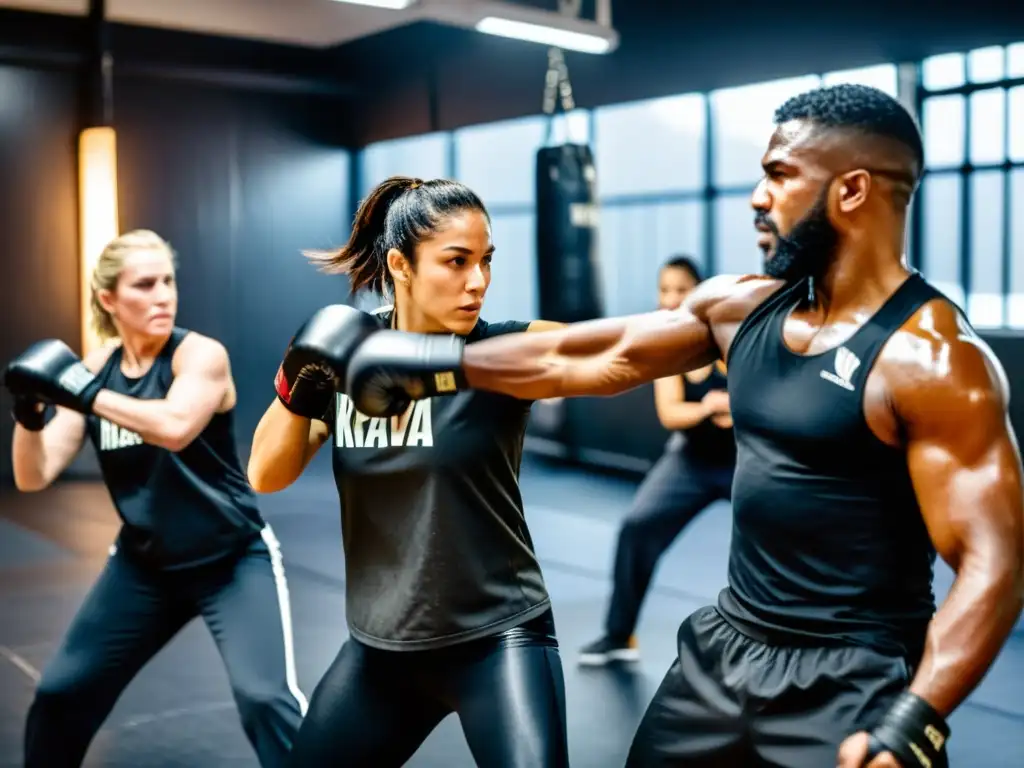 Grupo de practicantes de Krav Magá entrenando técnicas esenciales en un gimnasio tenue, enfocados y determinados