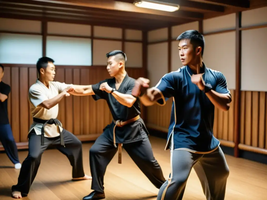 Grupo de practicantes de Wing Chun perfeccionando técnicas en un estudio tradicional