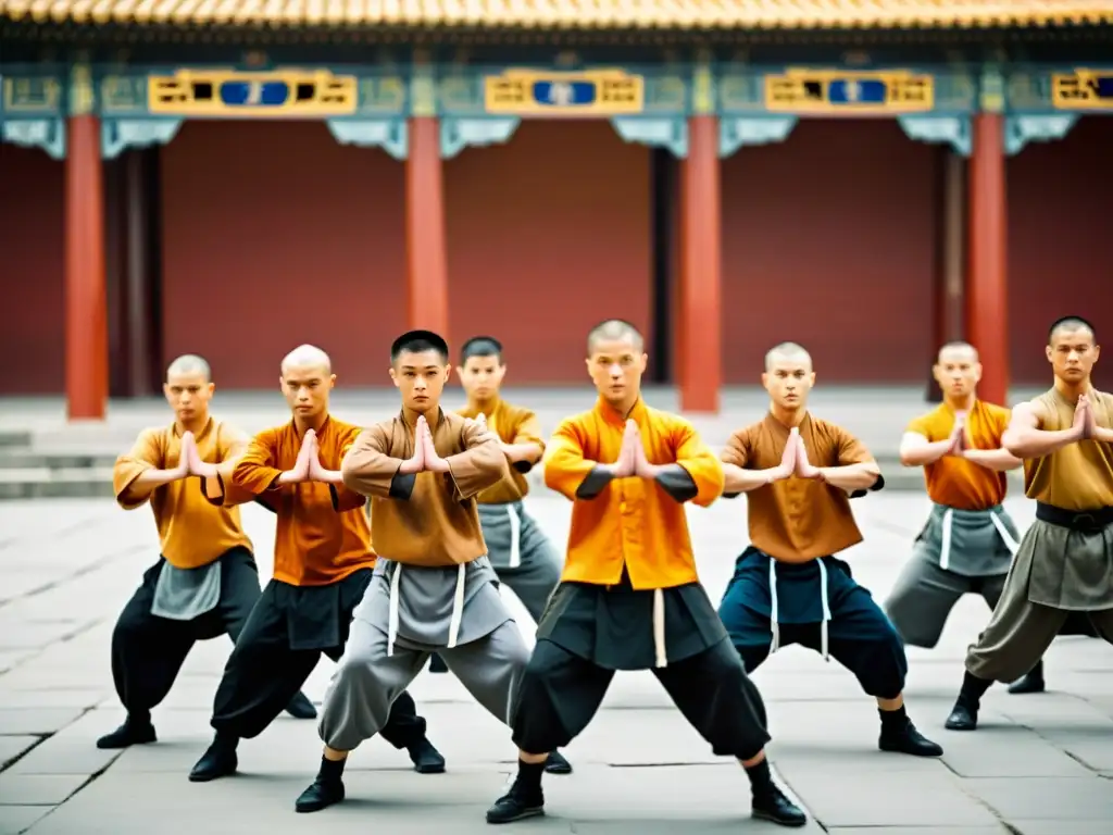 Grupo de practicantes de Kung Fu en el Templo Shaolin, demostrando disciplina y destreza en el entrenamiento tradicional de Kung Fu Shaolin