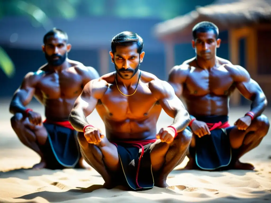 Grupo de practicantes de Kalaripayattu en preparación para torneos, expresando gracia y fuerza en movimientos dinámicos al aire libre