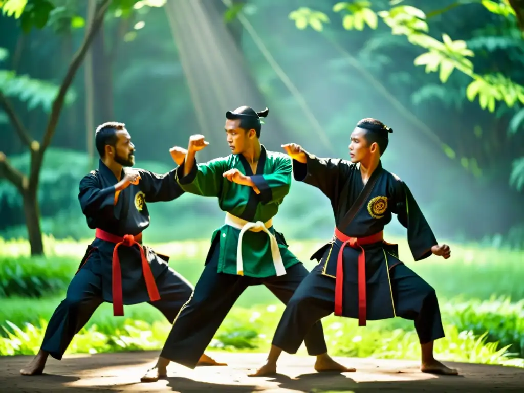 Un grupo de practicantes tradicionales de silat de Indonesia realiza una demostración de artes marciales en un exuberante bosque