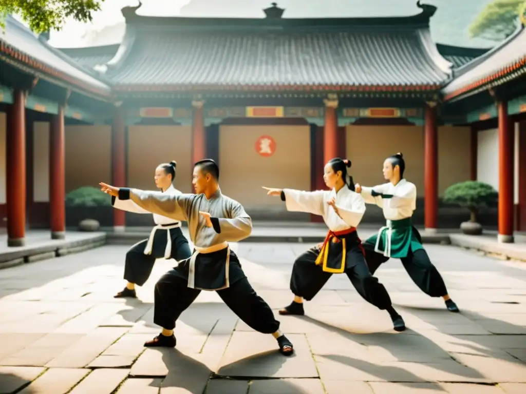 Grupo de practicantes de kung fu en trajes tradicionales ejecutando movimientos precisos y sincronizados en un patio tranquilo y soleado