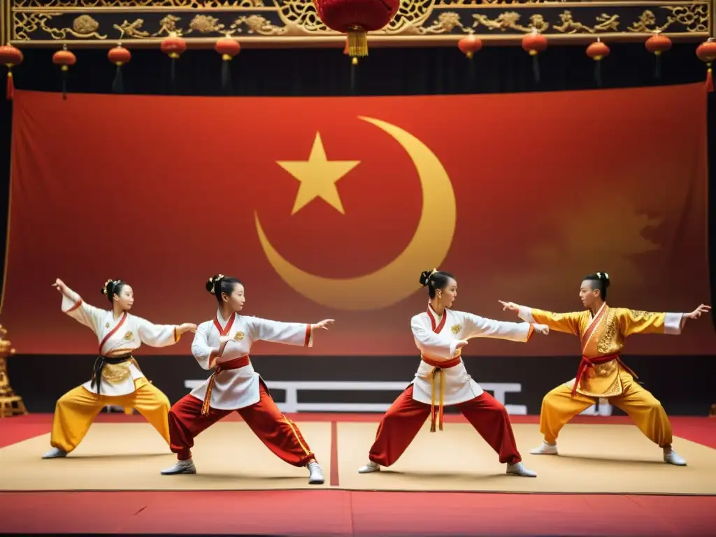 Un grupo de practicantes de wushu en trajes tradicionales chinos ejecutando movimientos poderosos en un escenario grandioso, con decoraciones rojas y doradas