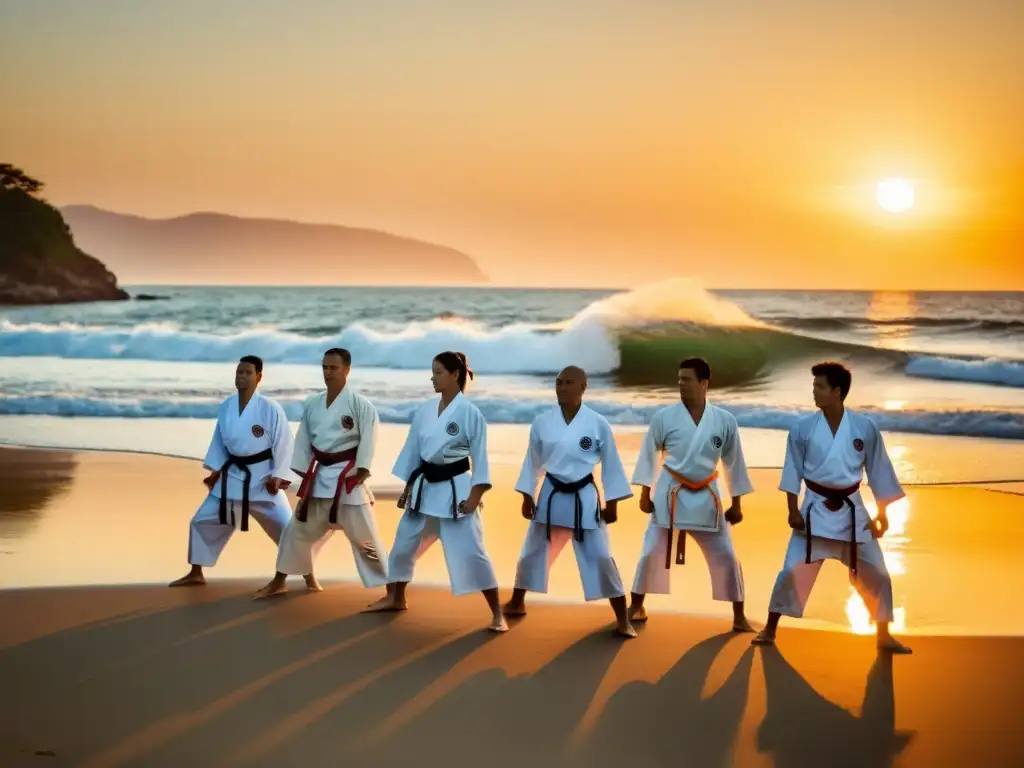 Grupo de practicantes de karate en uniformes tradicionales, demostración de kata al atardecer en la playa