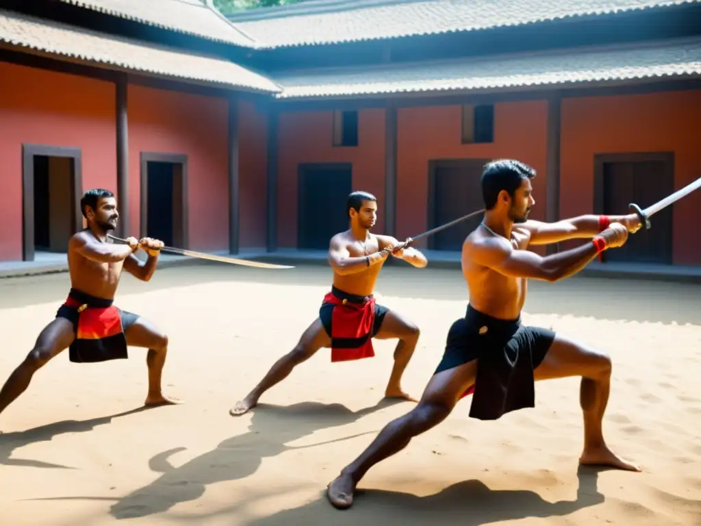 Un grupo de practicantes de Kalaripayattu, vestidos con atuendos tradicionales, realizan intrincadas técnicas de lucha con espadas en un patio soleado