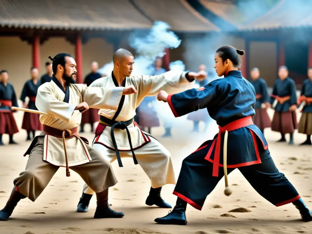 Un grupo de practicantes vestidos con trajes de Artes Marciales Históricas Europeas siglo XXI, en una demostración dinámica y feroz