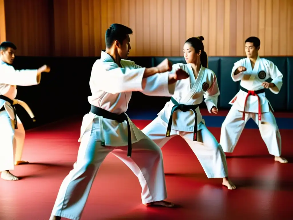 Un grupo de practicantes de karate, vestidos con uniformes gi blancos, ejecutan movimientos precisos y poderosos en un dojo espacioso y soleado