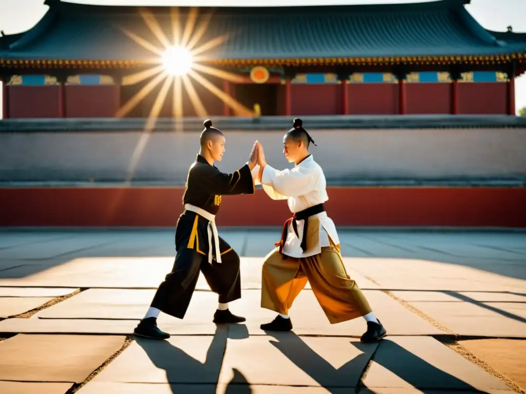 Un grupo de practicantes de Kung Fu, con vestimenta tradicional, se inclinan en señal de respeto en la entrada de una academia histórica