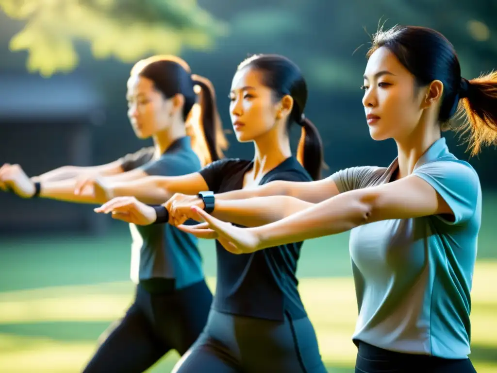 Grupo de practicantes de Tai Chi usando wearables para mejorar Tai Chi, combinando tradición y tecnología en un escenario sereno