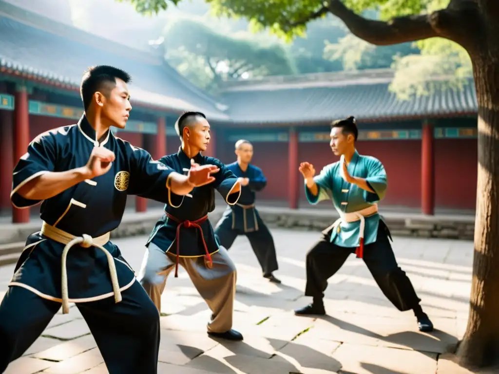 Grupo de practicantes de Wing Chun en entrenamiento intenso en un patio tradicional en China, irradiando disciplina y dedicación