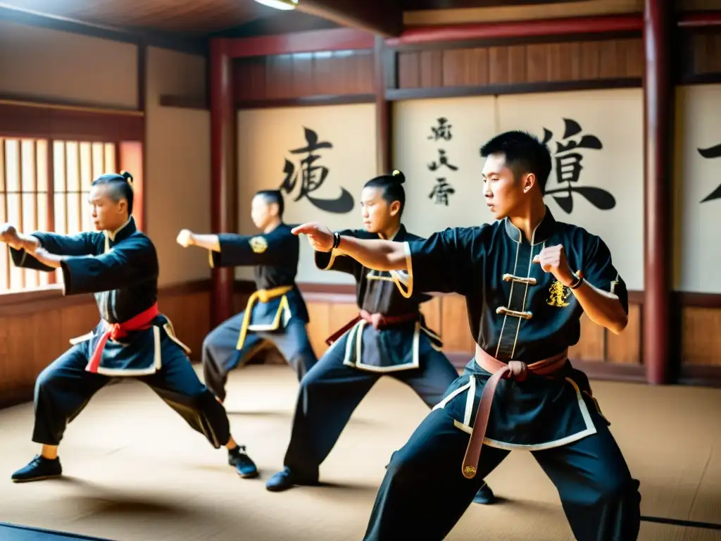 Grupo de practicantes de Wing Chun mejora técnica y velocidad en estudio tradicional de artes marciales con disciplina y precisión