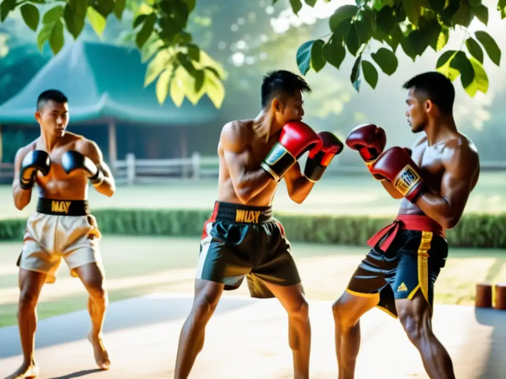 Grupo de principiantes construyendo campamento Muay Thai al aire libre, rodeados de naturaleza serena y enérgica