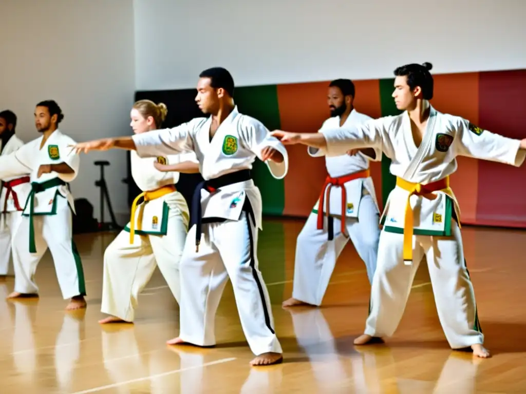 Grupo de principiantes en capoeira practicando en un estudio espacioso y luminoso