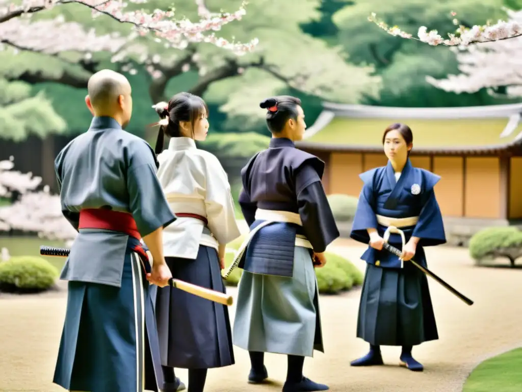 Inspiradora clase de kendo bajo los cerezos en flor Un grupo de principiantes de kendo escucha atentamente a su sensei en un jardín japonés con árboles de cerezo en flor
