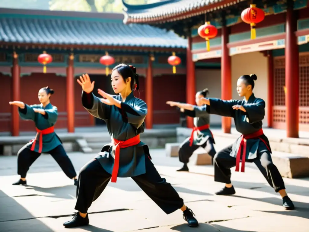 Grupo de principiantes practicando Kung Fu en un patio chino tradicional, siguiendo al instructor con determinación