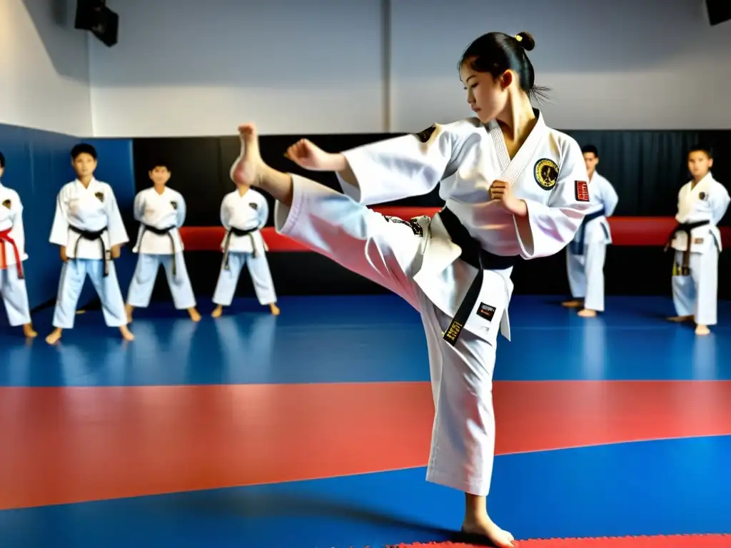 Grupo de principiantes de taekwondo ejecutando potentes patadas en unísono, reflejando disciplina y determinación en la guía de iniciación taekwondo principiantes