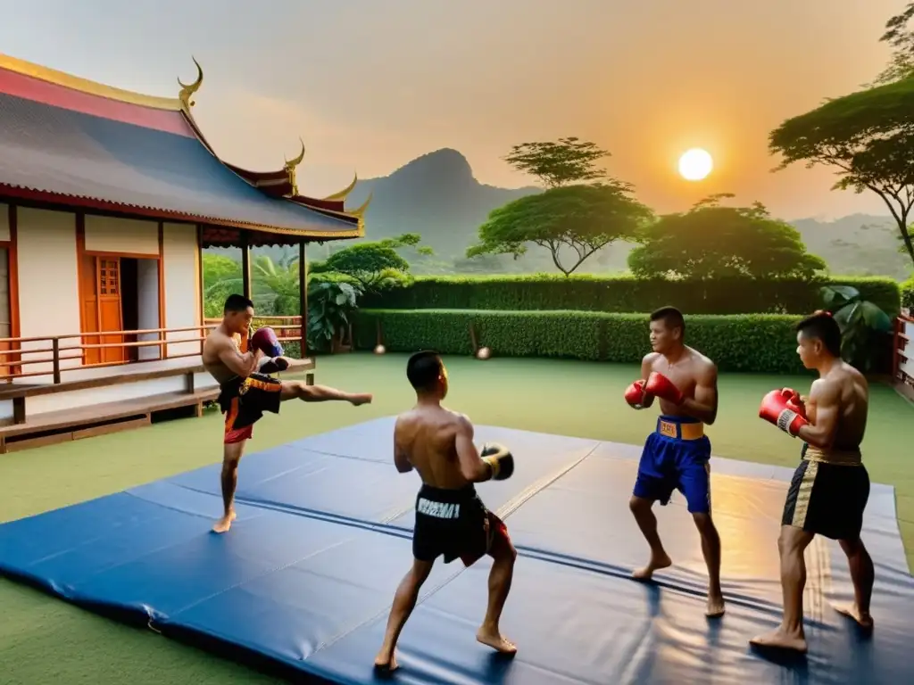 Grupo de principiantes practicando técnicas de Muay Thai en un campamento tradicional tailandés al atardecer