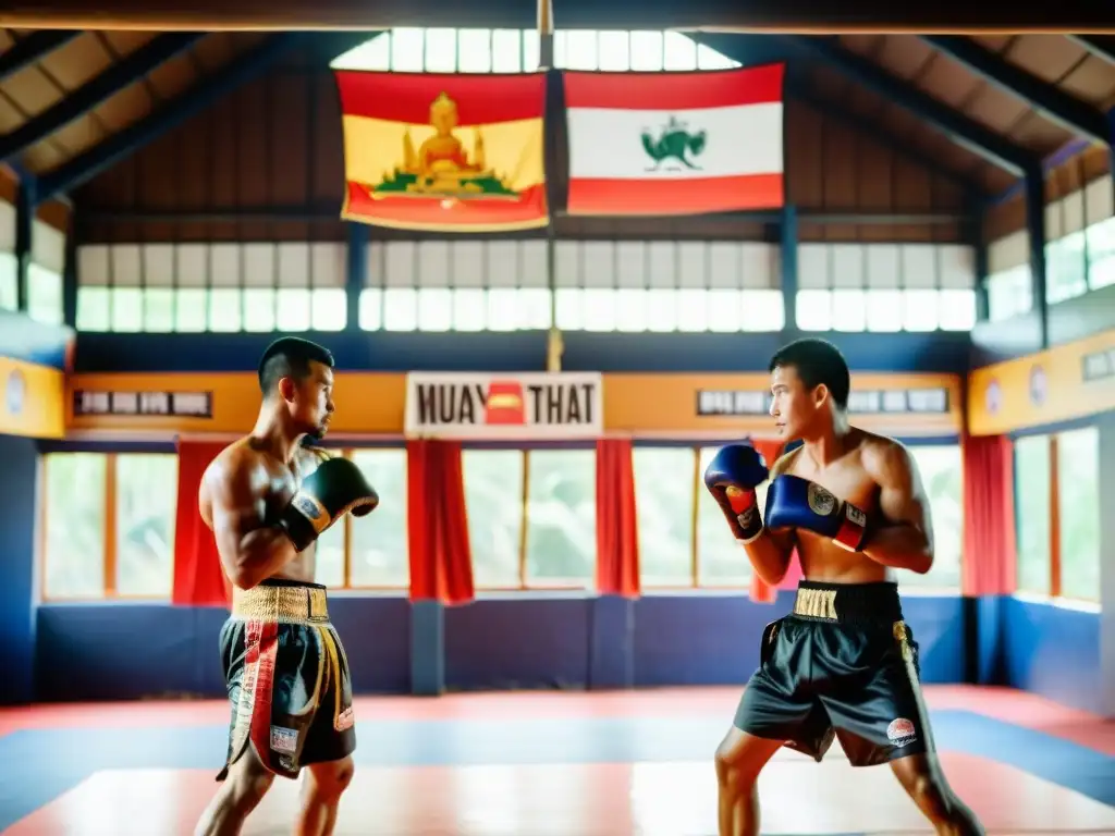 Grupo de principiantes practicando Muay Thai en un gimnasio tradicional tailandés, lleno de determinación y camaradería