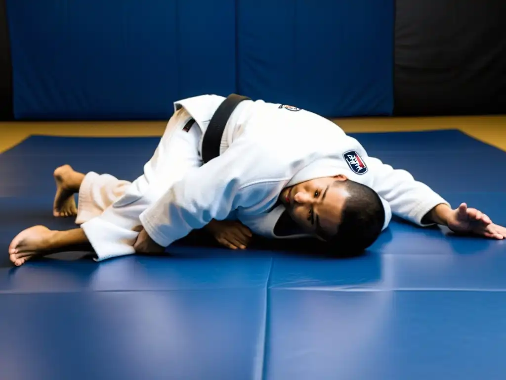 Un grupo de principiantes en uniformes blancos de Jiu Jitsu practicando técnicas básicas bajo la guía de un experimentado cinturón negro