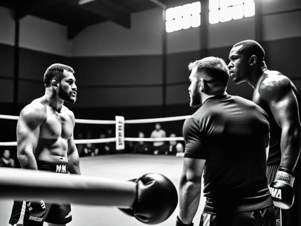 Grupo de promotores visionarios del MMA discuten estrategias en un gimnasio antiguo