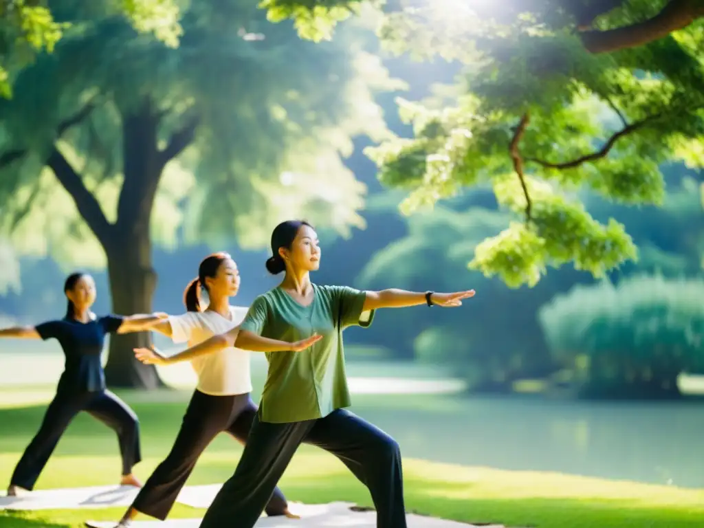 Un grupo practica Qigong en un parque sereno y soleado, conectándose con la energía natural