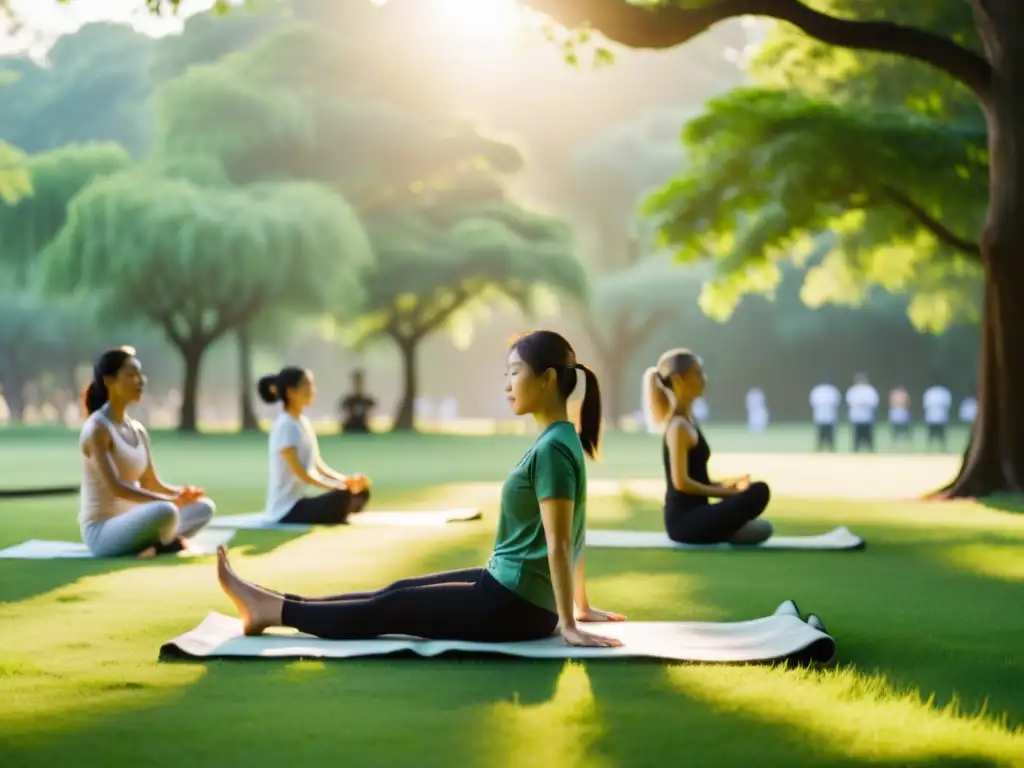 Grupo practicando Qigong al amanecer en un parque verde exuberante