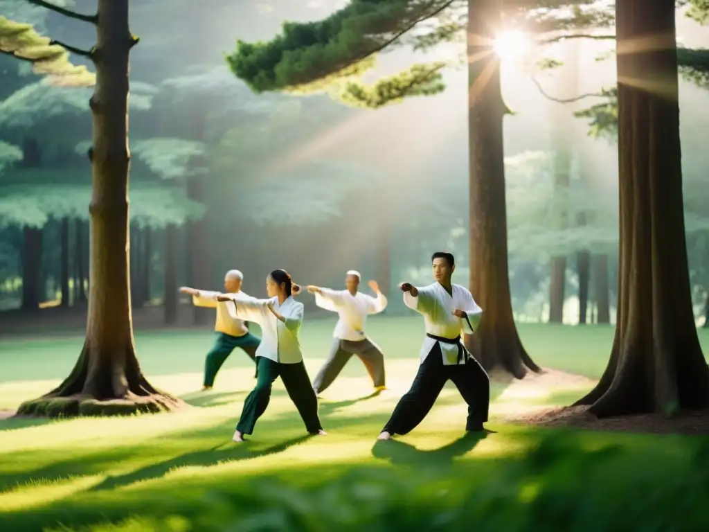 Grupo en retiro de artes marciales y mindfulness practicando Tai Chi en un bosque sereno y exuberante al amanecer