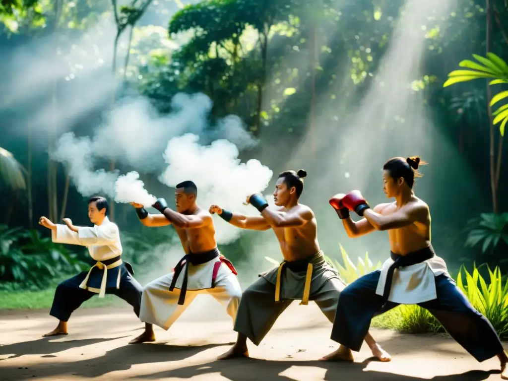 Grupo en retiro de artes marciales en Indonesia, practicando en la selva tropical