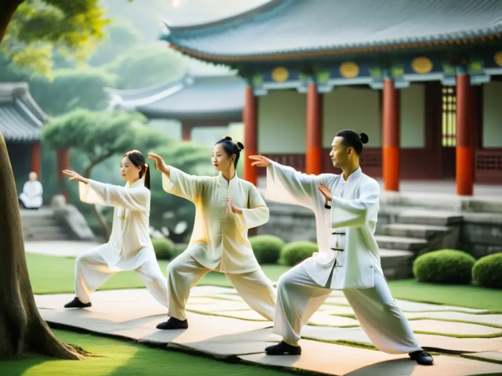 Grupo en retiro de Tai Chi en China, practicando en un patio sereno rodeado de templos antiguos y exuberante vegetación