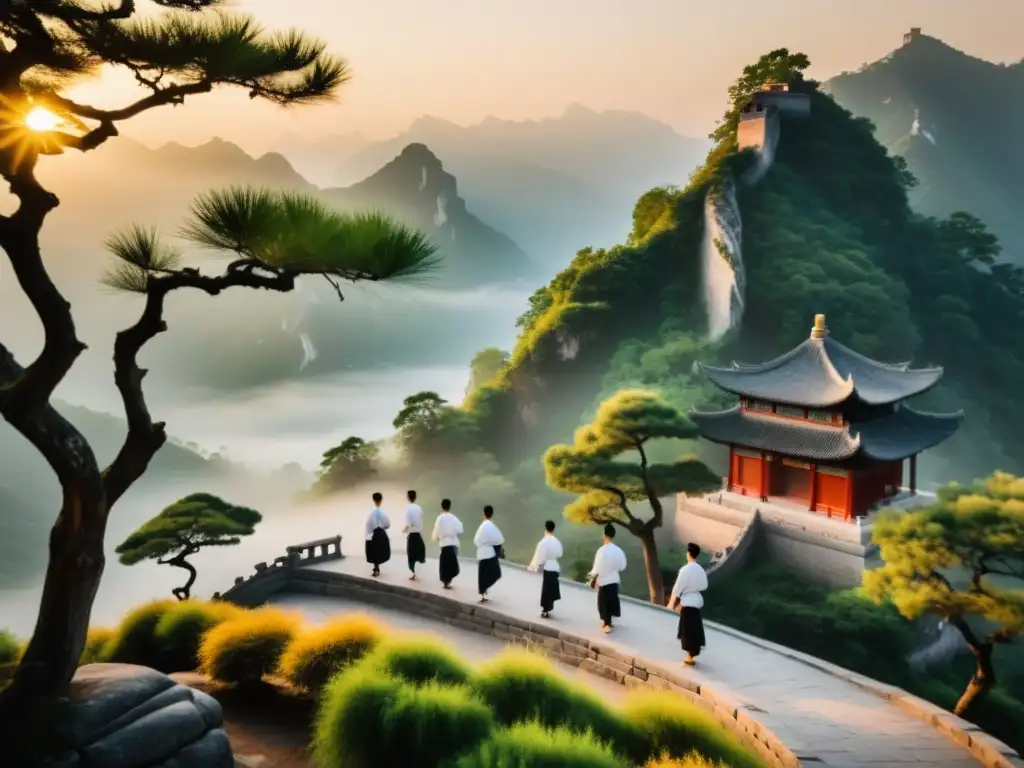 'Grupo en retiros de Tai Chi en China para sanación y defensa practicando en majestuoso paisaje montañoso al amanecer