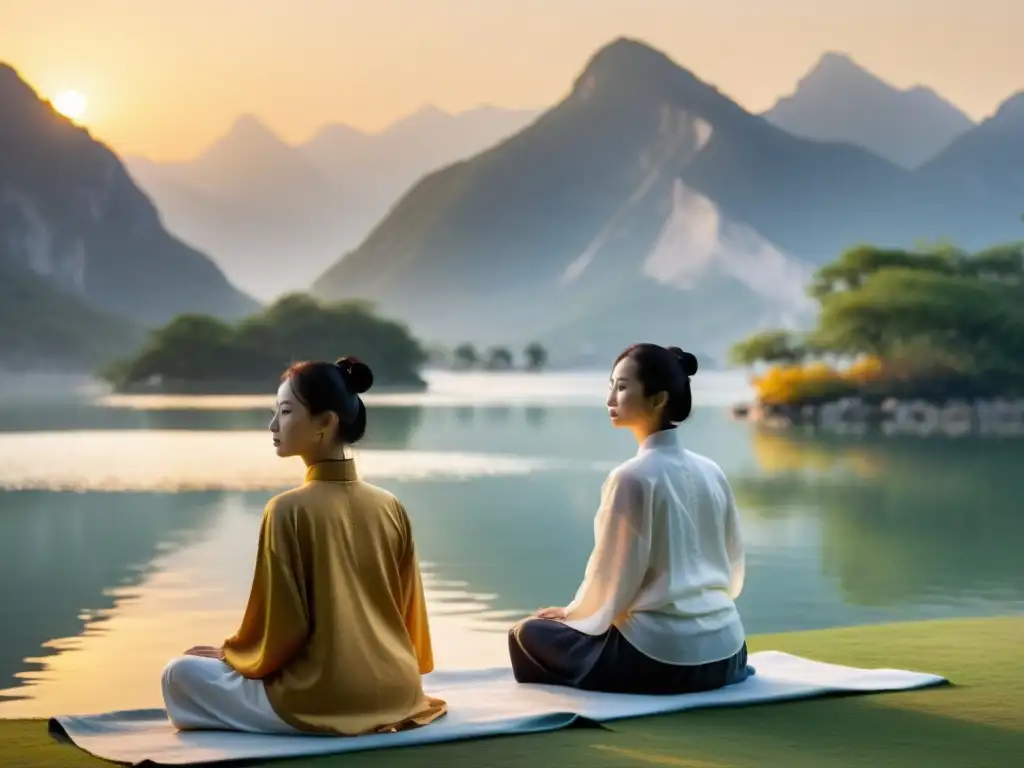 Grupo en retiros de Qigong en paisajes serenos al amanecer, practicando con serenidad junto a un lago y montañas cubiertas de neblina