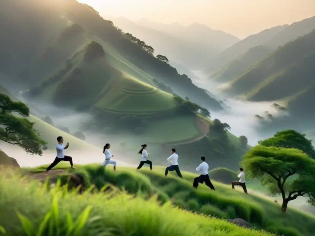 Grupo en retiros de Qigong en paisajes serenos al amanecer, practicando movimientos gráciles en la montaña neblinosa