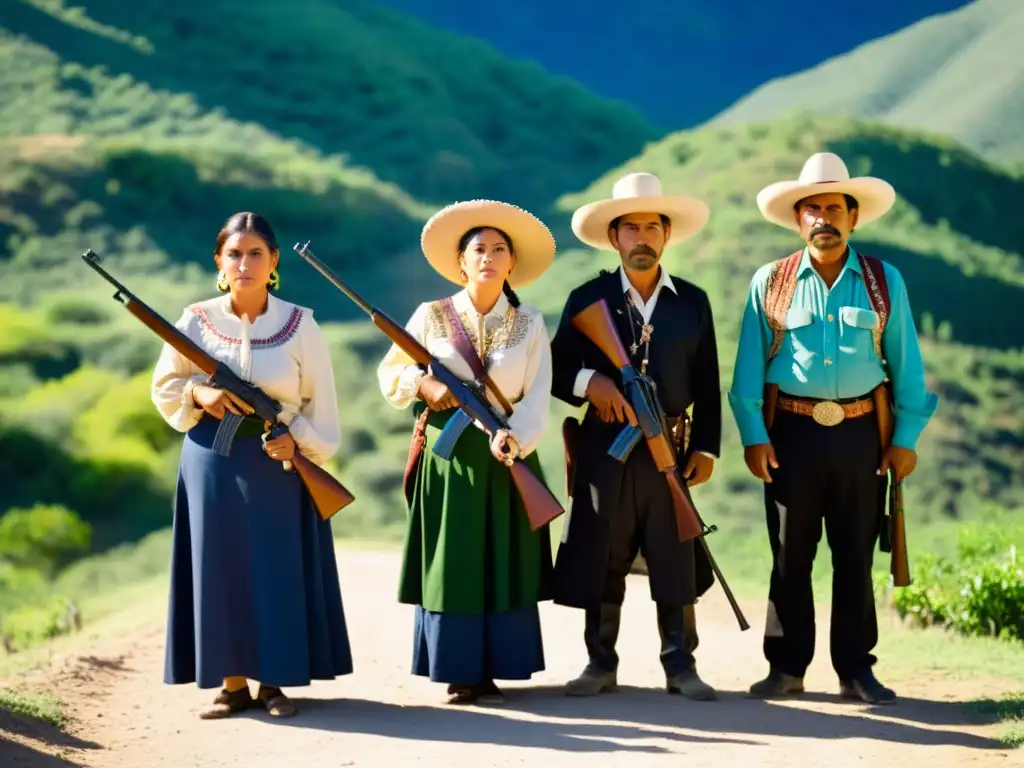 Grupo en México rural usando ropa tradicional, sosteniendo rifles, expresando determinación y unidad en autodefensa en la cultura popular