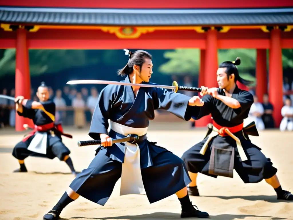 Un grupo de samuráis hábiles realiza una demostración dinámica de kenjutsu en un festival japonés, mostrando maestría y disciplina