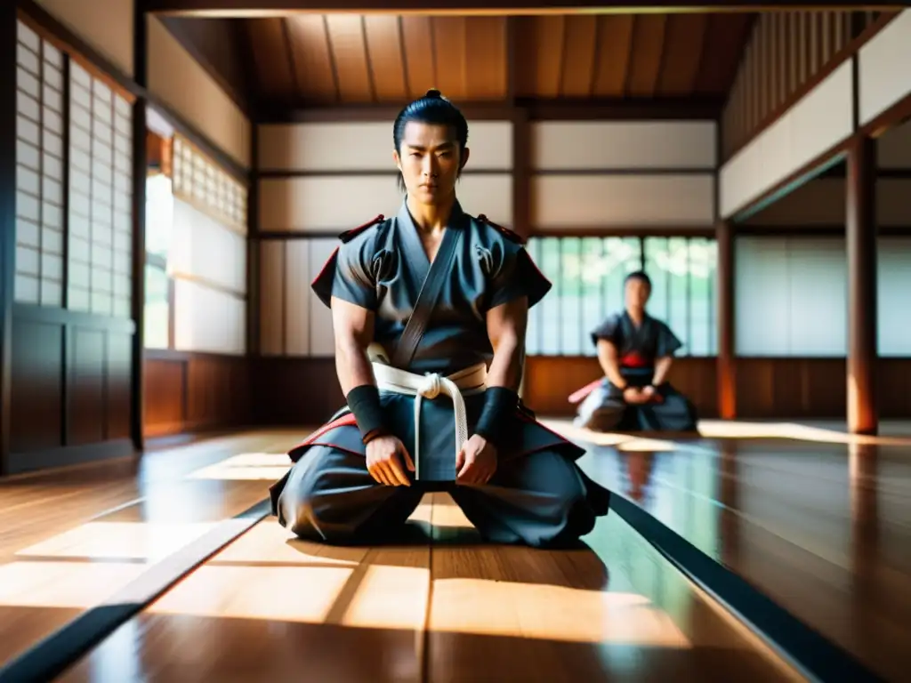 Un grupo de samuráis modernos entrenando en un dojo tradicional con ropa de entrenamiento de samurái moderna, en una escena inspiradora y cautivadora