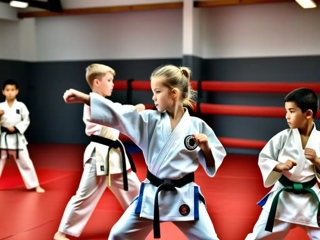 Un grupo de niños practica karate con determinación, mientras el sensei les brinda apoyo y guía