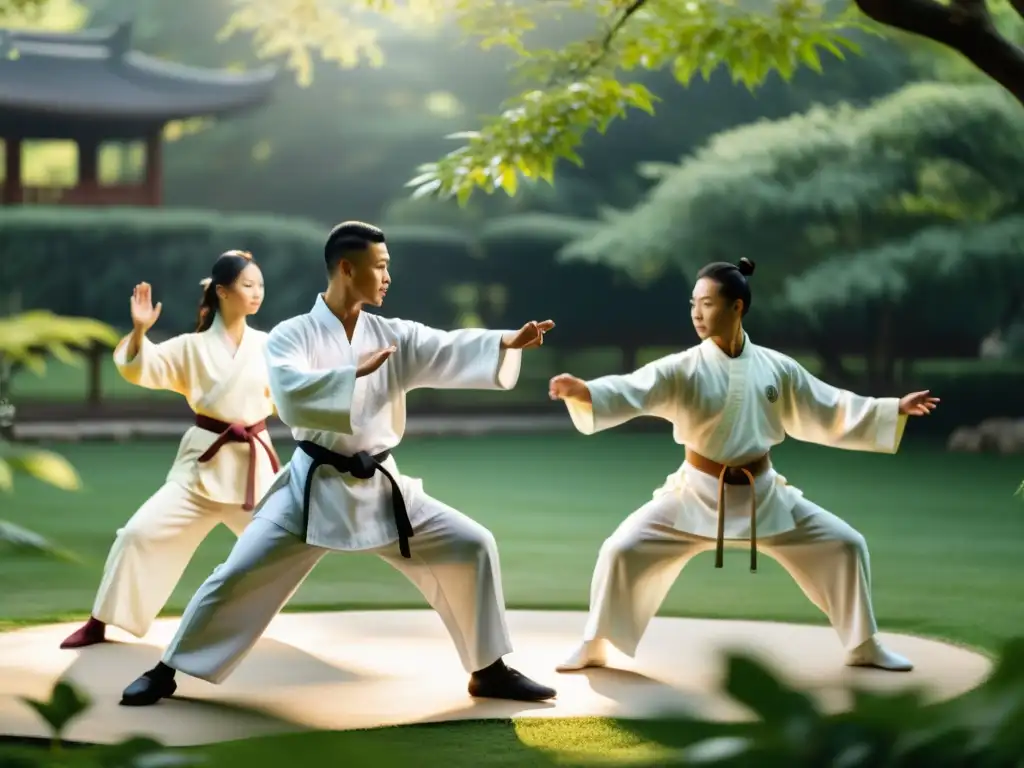 Grupo practicando tai chi en un jardín sereno, movimientos fluidos y gráciles, enfoque en la práctica marcial sin lesiones