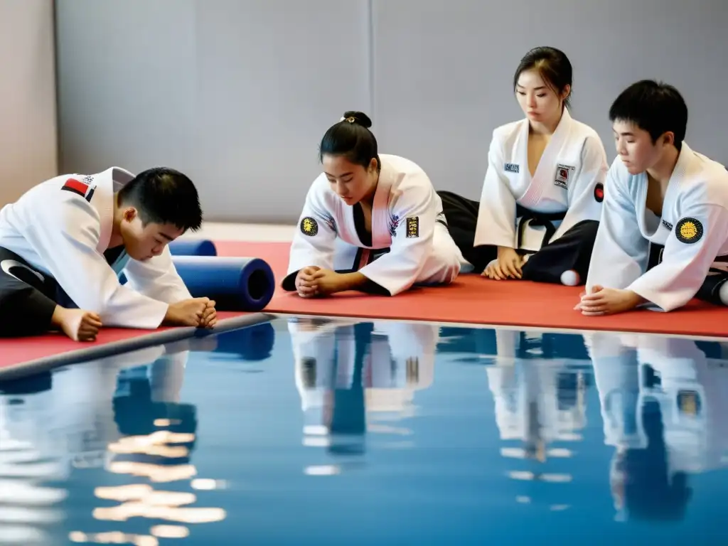 Un grupo de taekwondistas en plena recuperación post competición, mostrando determinación y profesionalismo en sus cuidados