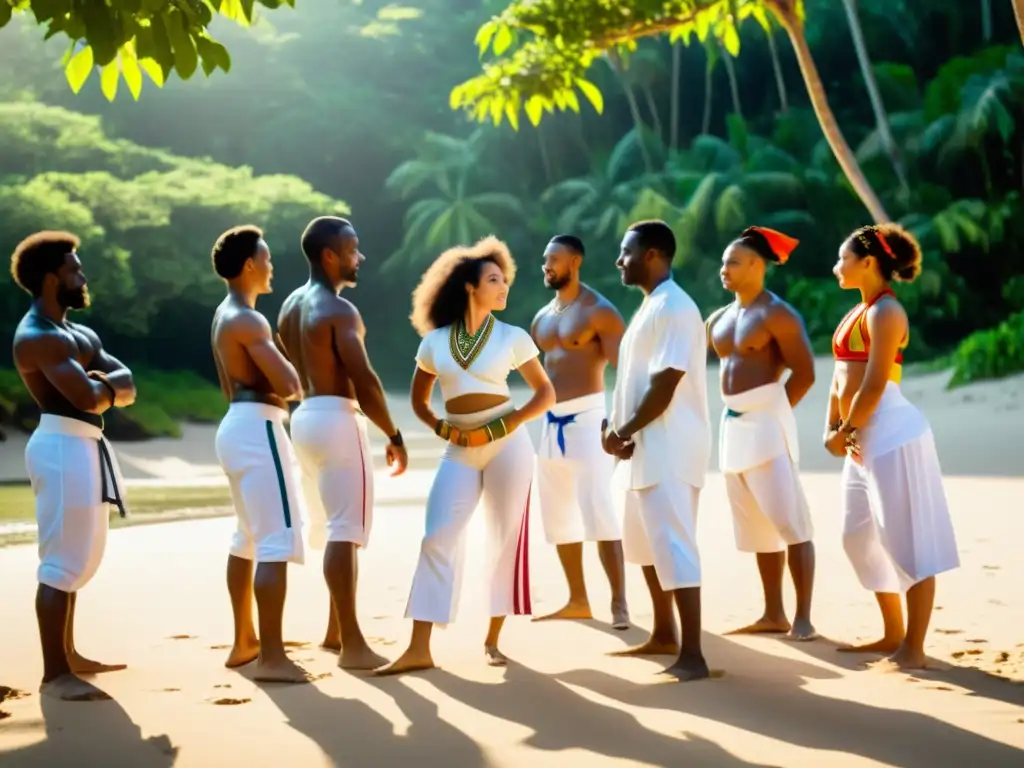 Grupo en trajes afrobrasileños realiza capoeira en la playa, reflejando los Orígenes Capoeira historia afrobrasileña con gracia y fuerza