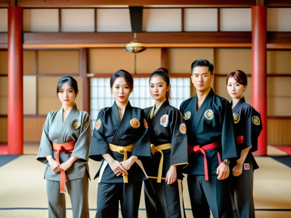 Grupo en trajes formales con temática marcial en dojo japonés, ambiente sereno y poderoso