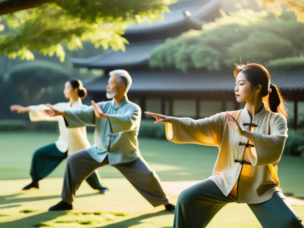 Un grupo realizando Tai Chi en un jardín tranquilo al amanecer