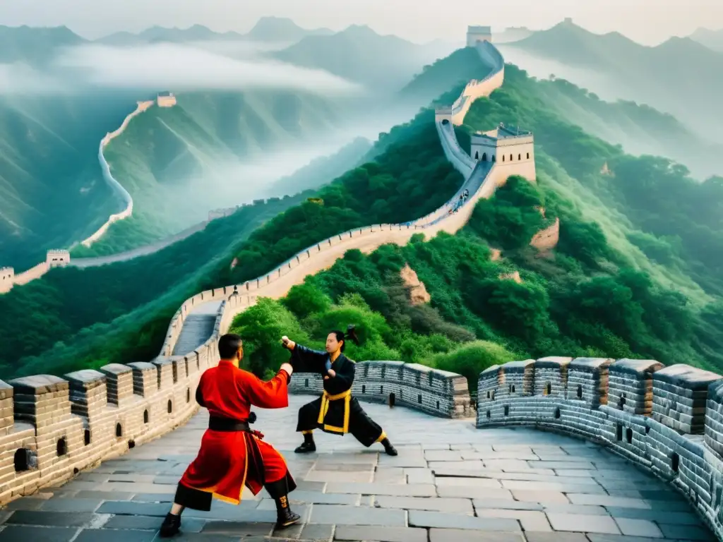 Grupo de turistas practicando kung fu junto a la Gran Muralla China, en una atmósfera mística